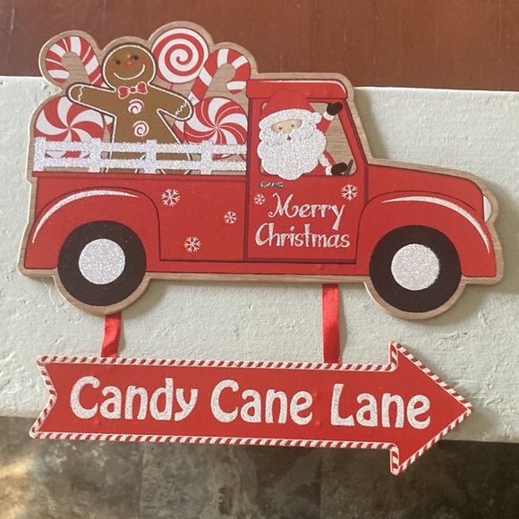 NWT Wooden Glitter Merry Christmas Santa Truck Candy Cane Lane➡️ Decoration Sign - Picture 10 of 12